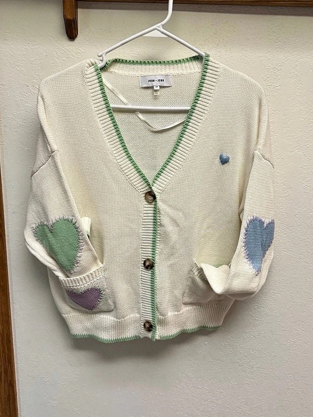 John and JenCream Green Trim Cardigan Like New